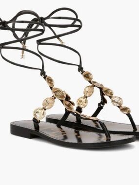 Sam Edelman Deirdre Black Ankle Wrap Strappy Thong Flat Sandals Medallions Sz 7